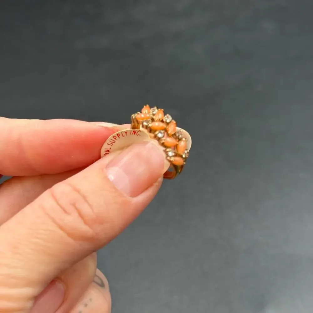 Vintage Cocktail Ring Coral Cabochon Band Ring Heavy Gold Electroplate